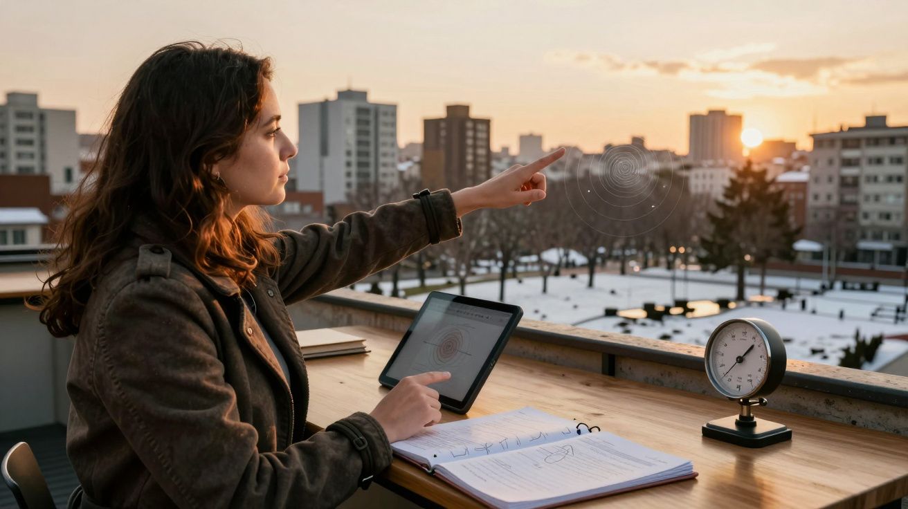 Mulher aponta para o horizonte ao pôr do sol, com tablet, apontamentos e relógio sobre a mesa.