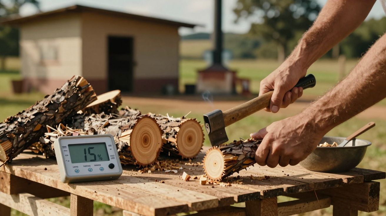 Mãos cortando lenha sobre mesa com um medidor de humidade a 15%, fundo de quintal com casa de madeira.