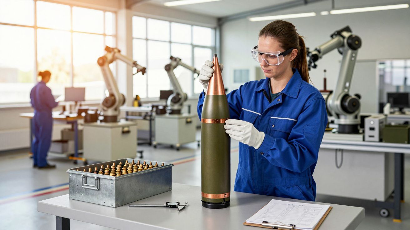 Técnica em laboratório segura projétil grande, usando luvas e óculos de proteção, com robôs e mesa ao fundo.