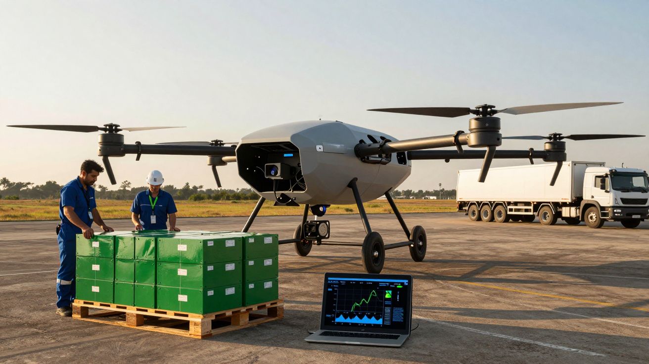 Drone de carga em pista com paletes e dois técnicos a monitorizar dados num portátil. Camião ao fundo.
