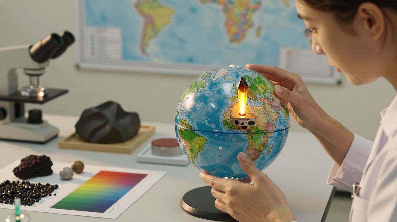 Investigadora observa globo terrestre iluminado no laboratório, com mapa, microscópio e amostras de rochas ao fundo.