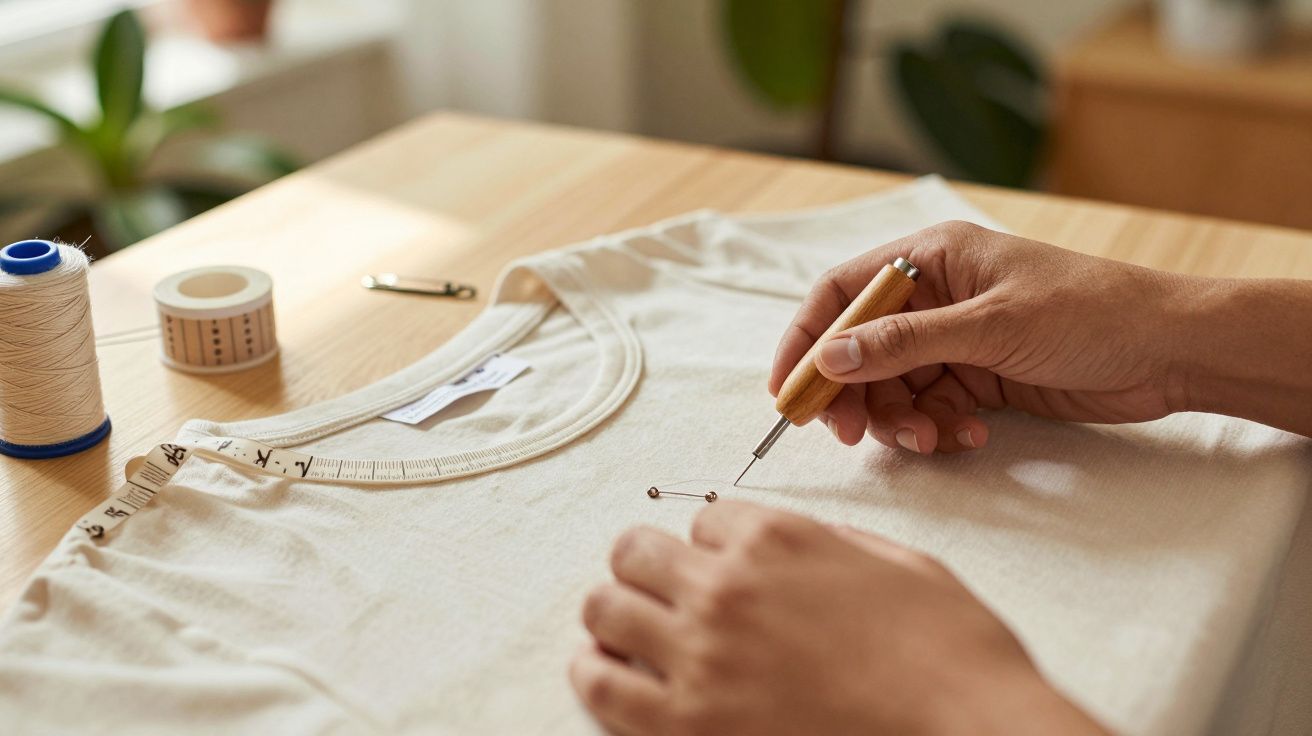 Mãos costurando uma t-shirt branca em cima de uma mesa com fita métrica, agulha e linha ao fundo.