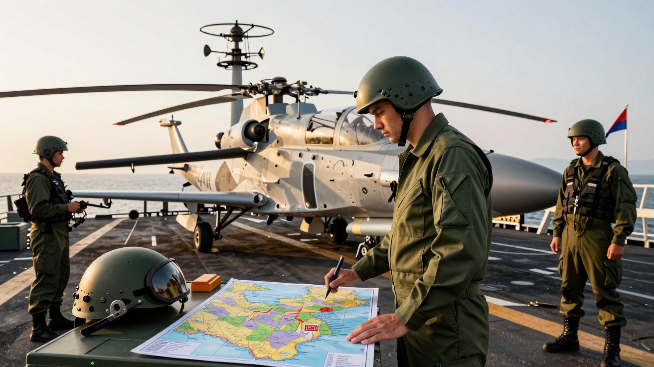 Militares planeiam missão em porta-aviões junto a helicóptero de combate, com mapa sobre mesa.