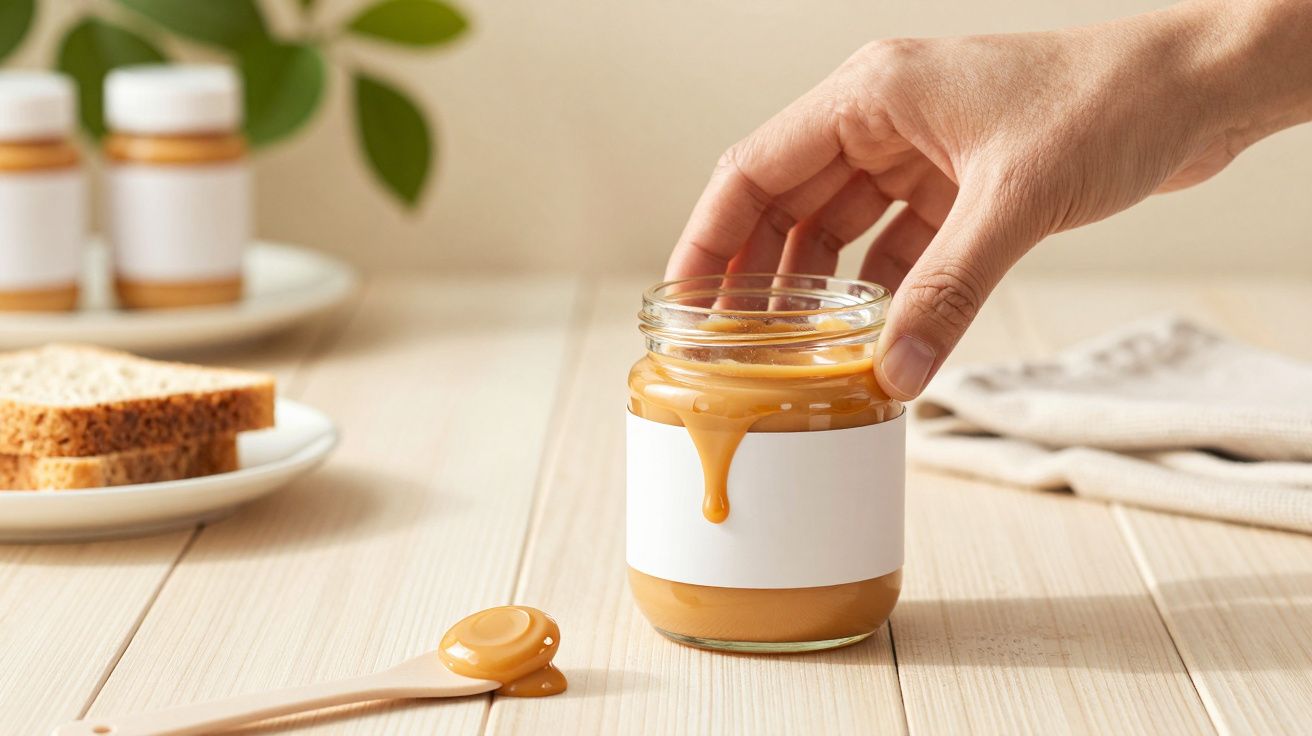 Mão segurando frasco de manteiga de amendoim com colher ao lado; fatias de pão e planta ao fundo.