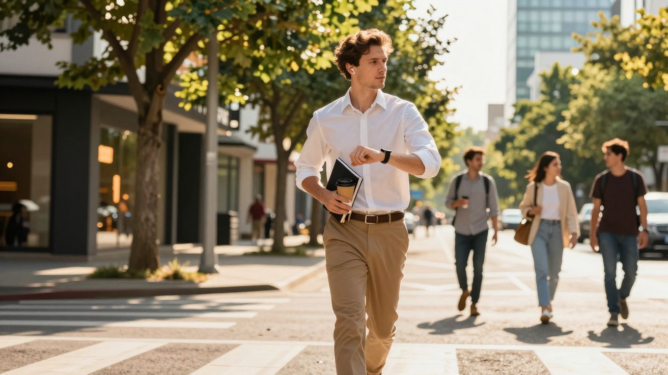 Homem apressado atravessa a rua, olhando para o relógio, segurando um caderno. Pessoas a caminhar ao fundo.