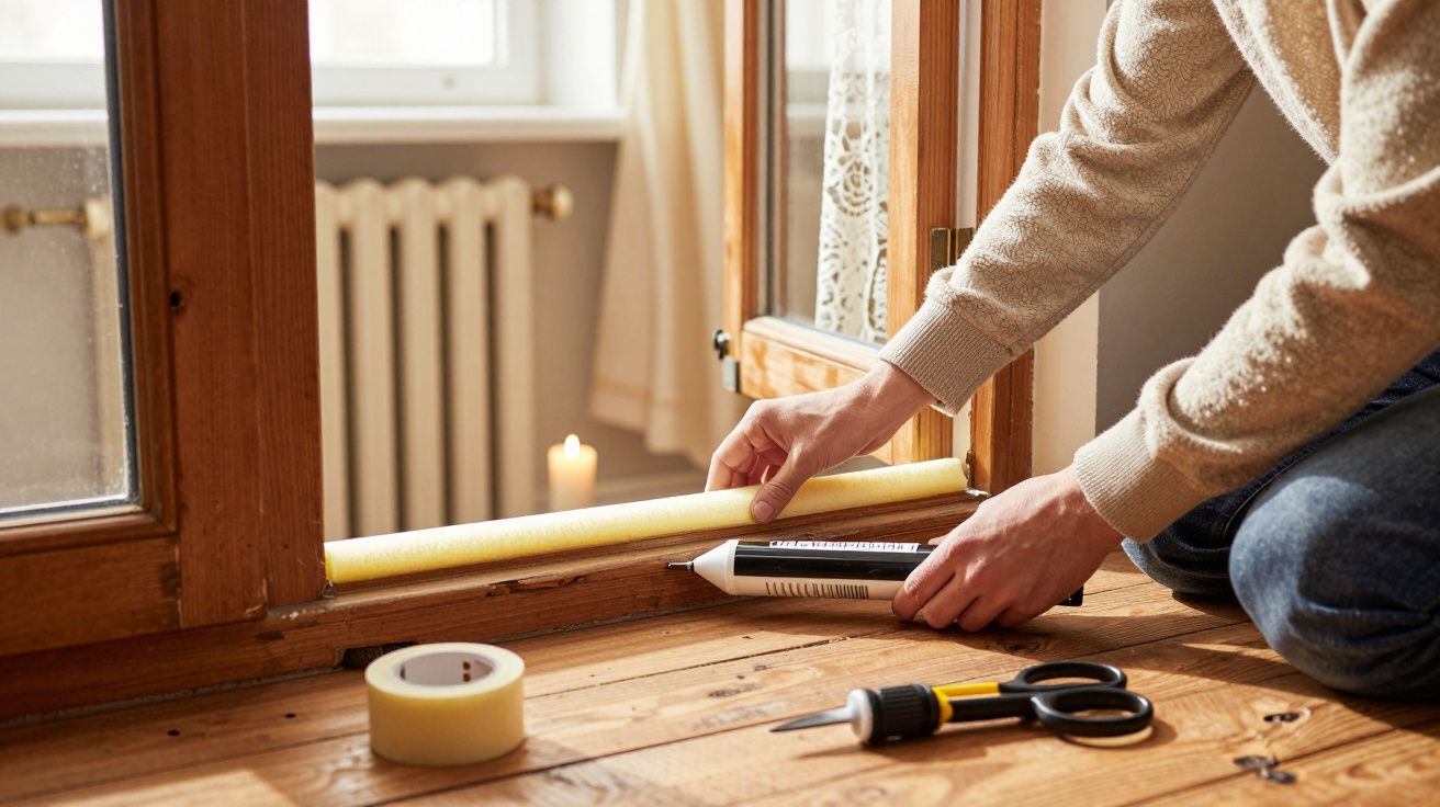 Pessoa selando fresta de janela com espuma isolante, ao lado de fita adesiva e ferramentas.