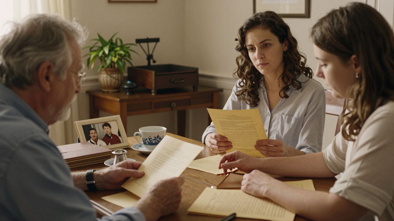 Duas mulheres e um homem sentados à mesa, discutindo documentos; plantas e fotos ao fundo.