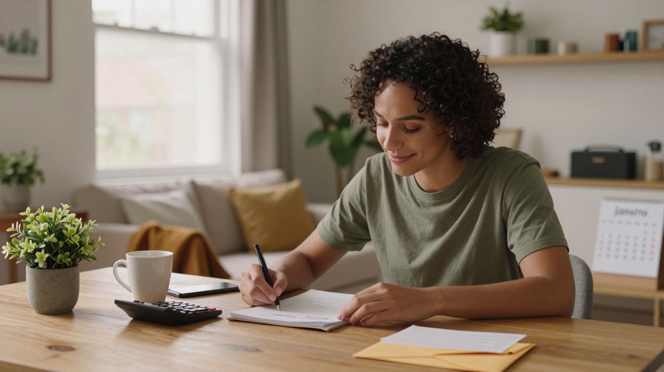Pessoa a escrever numa mesa de madeira, com caneca, calculadora e plantas ao redor, numa sala iluminada.