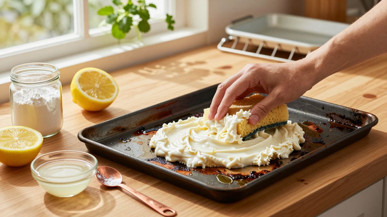 Mão a esfregar um tabuleiro de forno com esponja e espuma, limão cortado ao lado em balcão de cozinha iluminada.