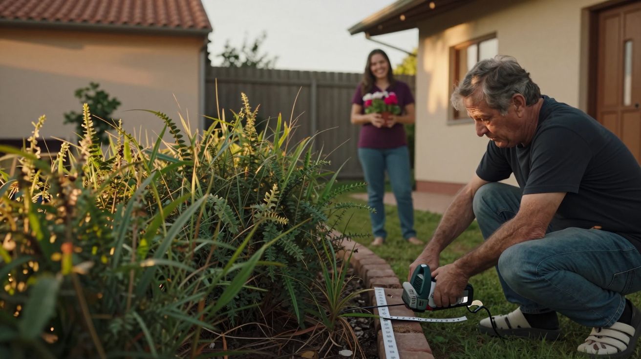 Homem a medir canteiro de jardim, enquanto mulher ao fundo segura flores, em ambiente residencial.
