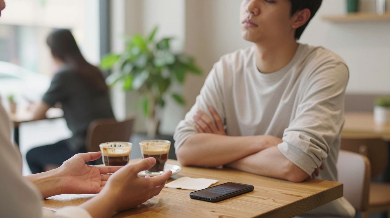 Duas pessoas numa mesa de café, uma segura dois cafés, a outra está com os braços cruzados e um telemóvel está na mesa.