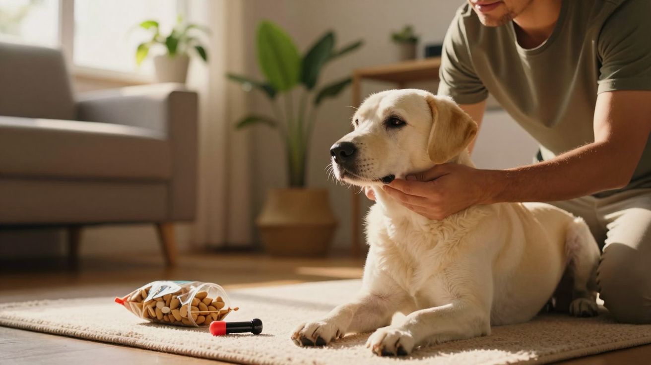 Homem acaricia um cão labrador num tapete, com biscoitos e brinquedo por perto.