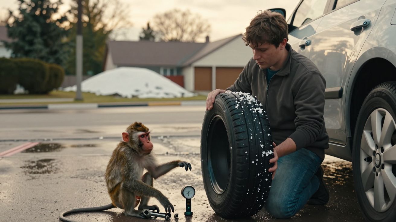 Homem a mudar pneu de carro com um macaco ao lado, segurando uma bomba de ar, numa rua residencial.