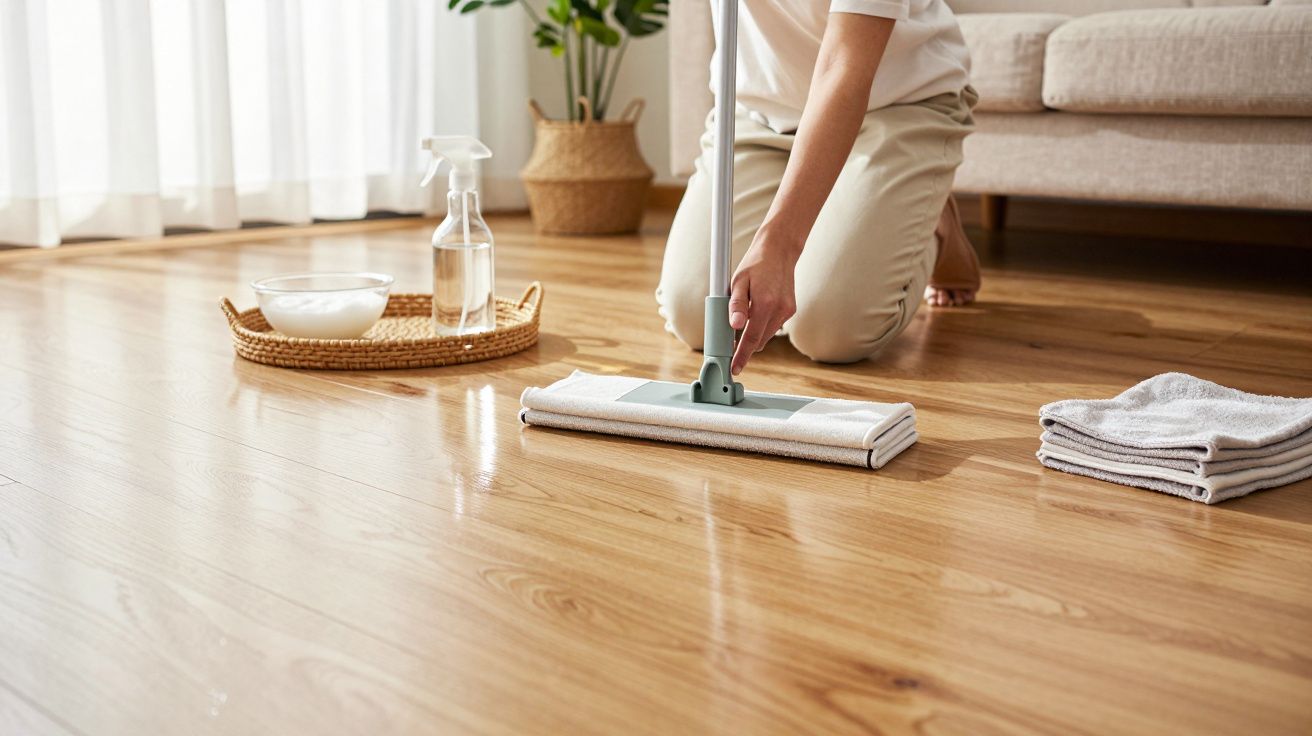 Pessoa a limpar o chão de madeira com esfregona, ao lado de produtos de limpeza e toalhas.