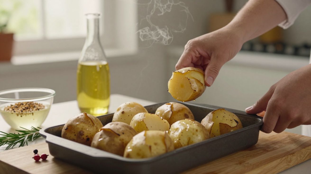 Mãos retiram batata assada de um tabuleiro. Ao fundo, garrafa de azeite e taça com especiarias.