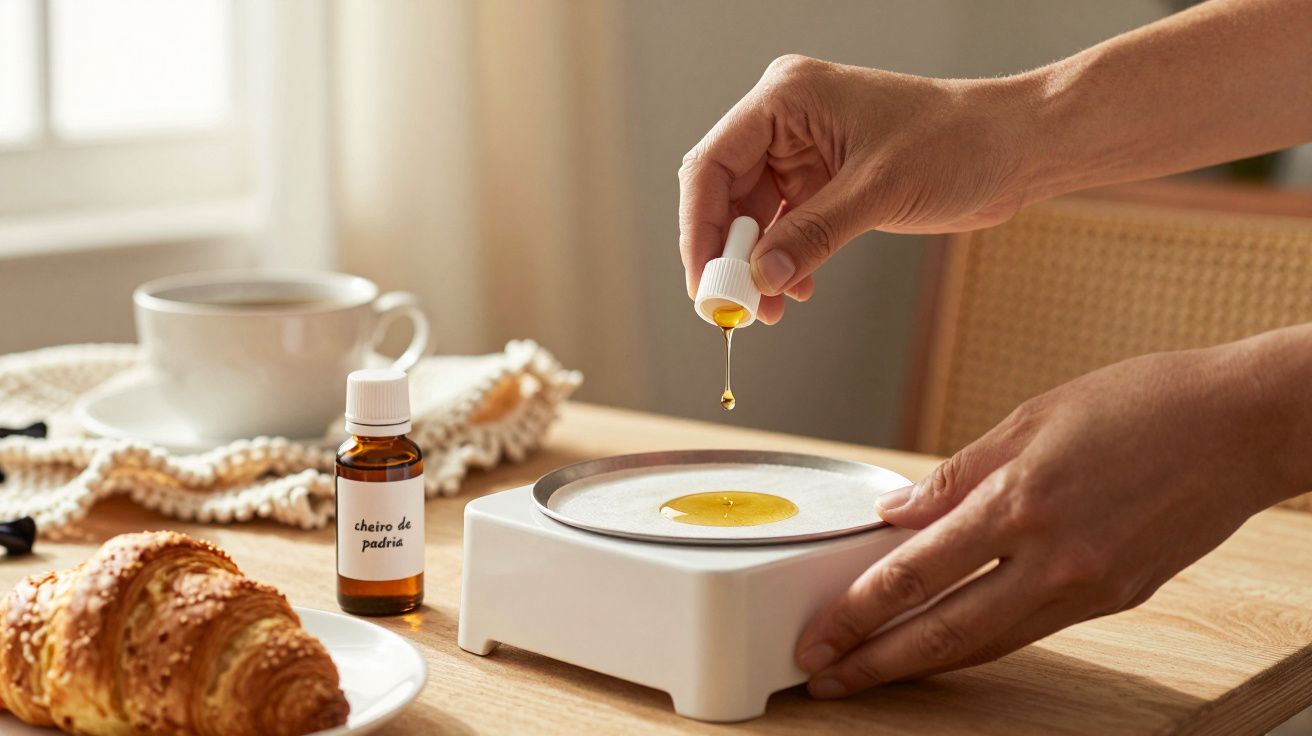 Mãos pingam óleo em difusor ao lado de chávena de café, croissant e frasco de cheiro.