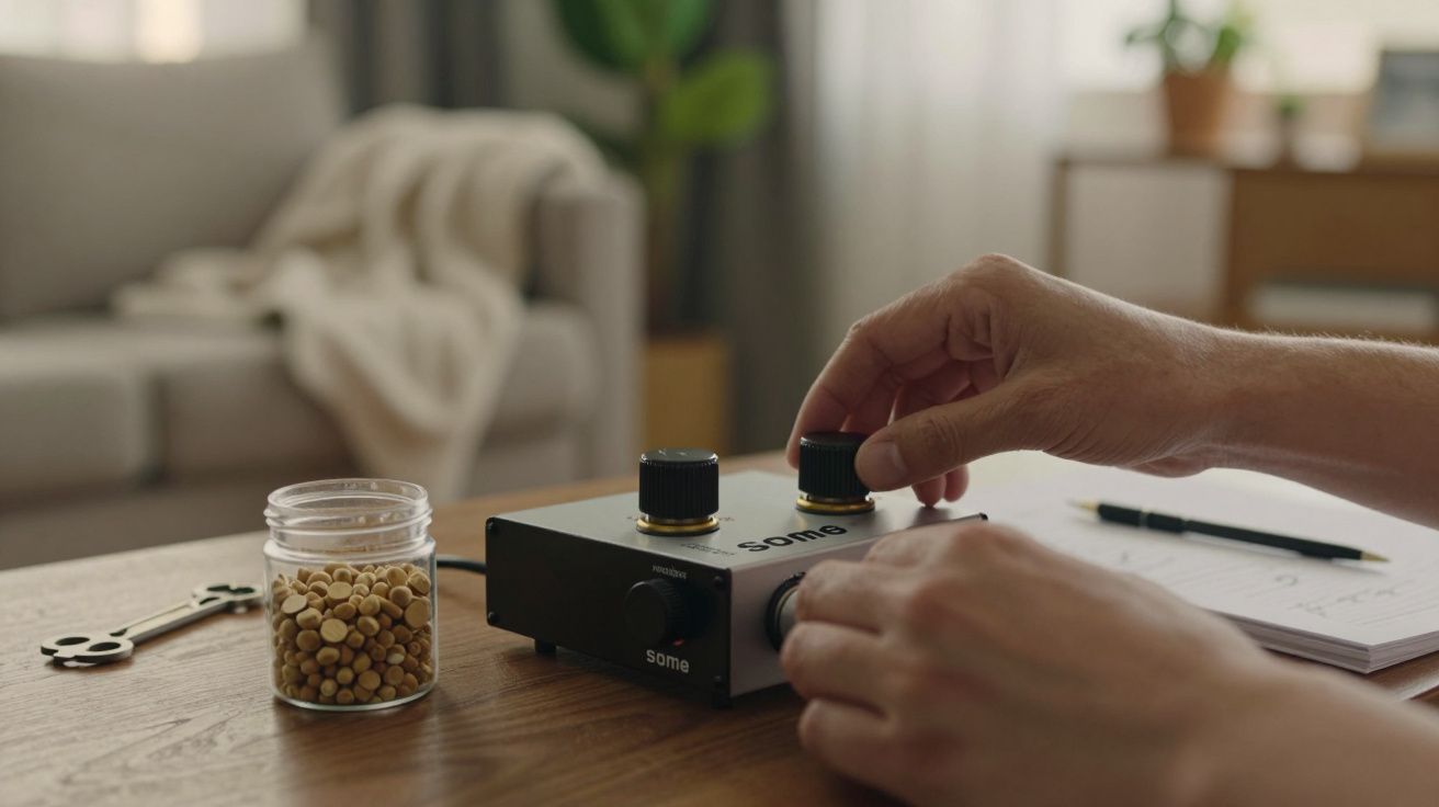 Mãos ajustando botão de controle de áudio numa mesa, ao lado de um frasco com grãos e uma chave metálica.