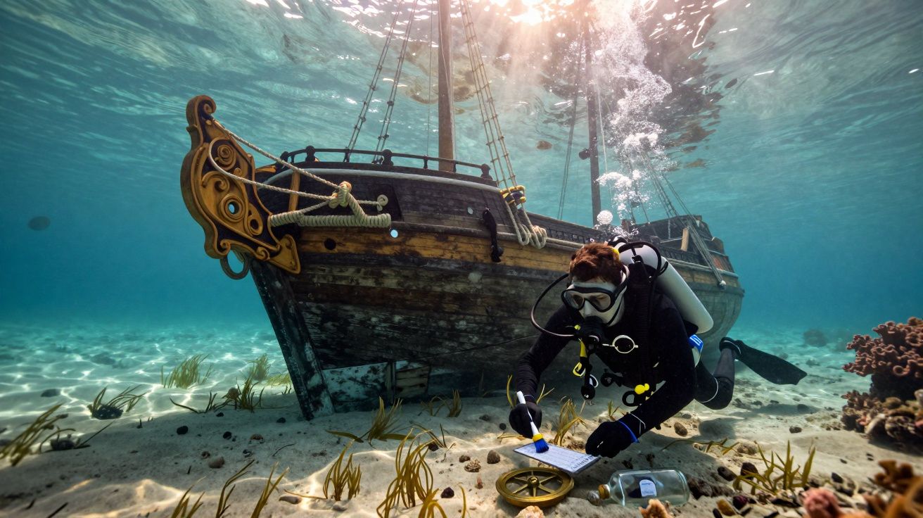 Mergulhador escreve em prancheta subaquática ao lado de um antigo barco de madeira naufragado no fundo do mar.