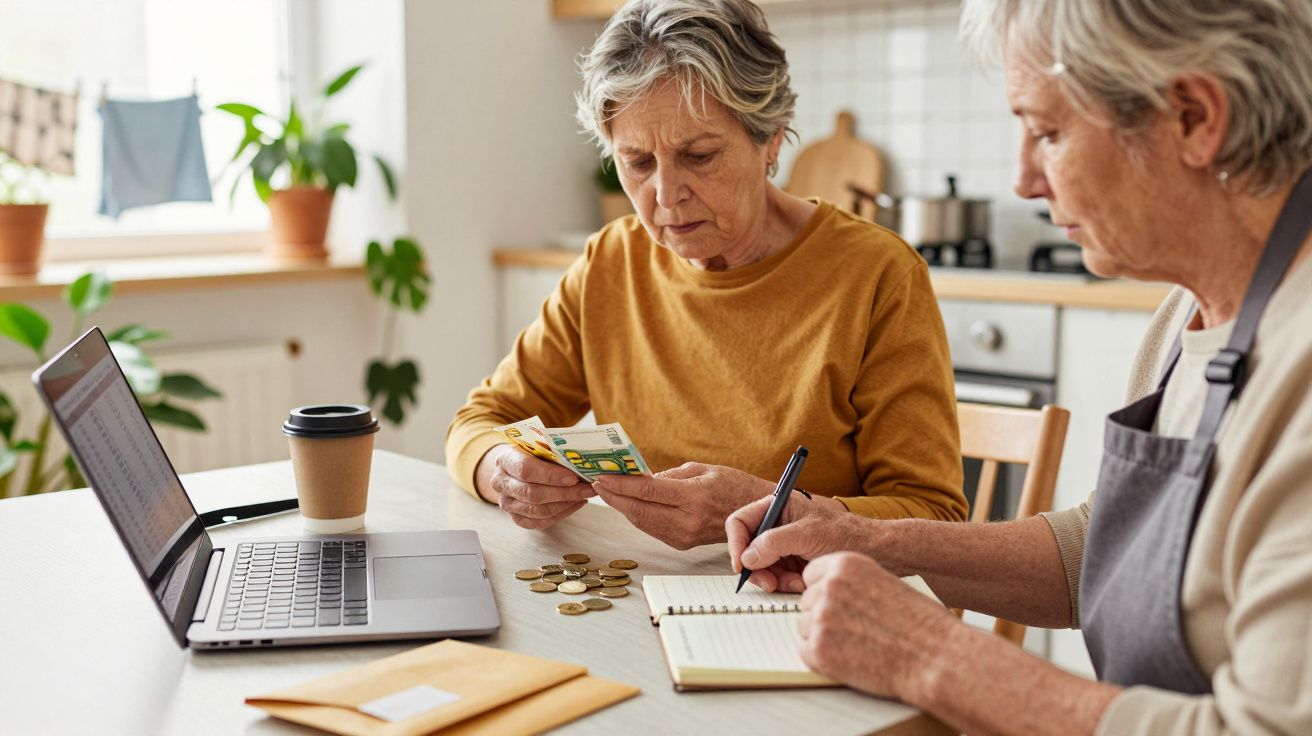 Duas pessoas idosas a gerir finanças em casa, rodeadas de moedas, papéis e computador portátil numa cozinha.