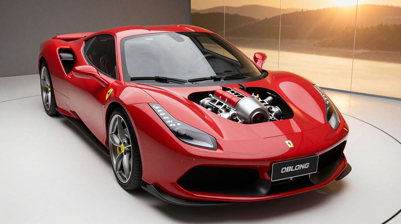 Carro desportivo vermelho exibido num showroom, com um motor visível sob o capô e um fundo de paisagem ao pôr do sol.