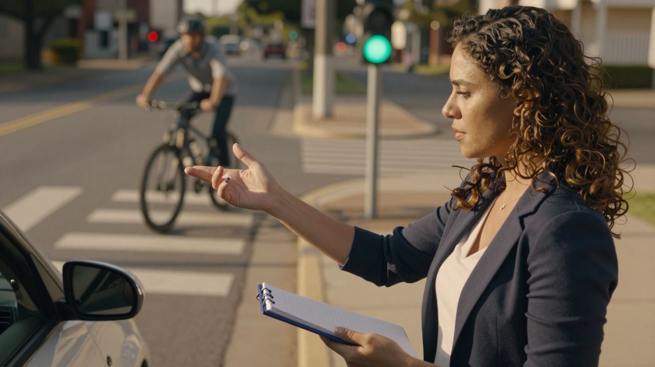 Mulher com bloco de notas gesticula para um carro, enquanto um ciclista passa ao fundo numa passadeira.