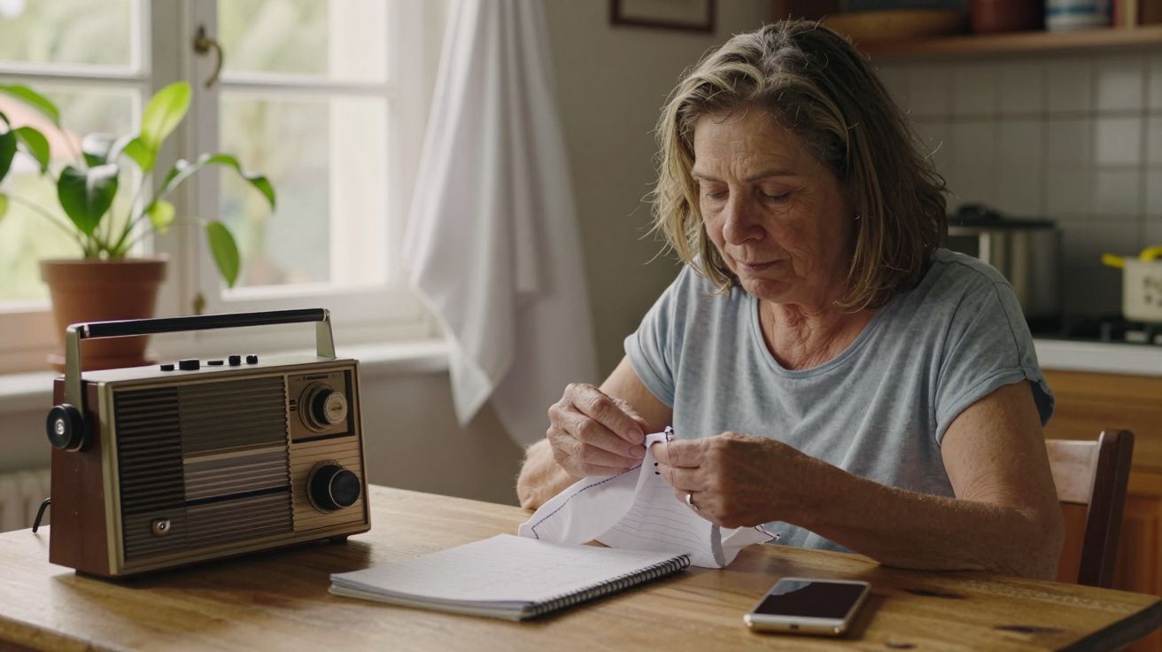 Mulher sentada à mesa costura tecido com um rádio retro ao lado e luz natural de uma janela.