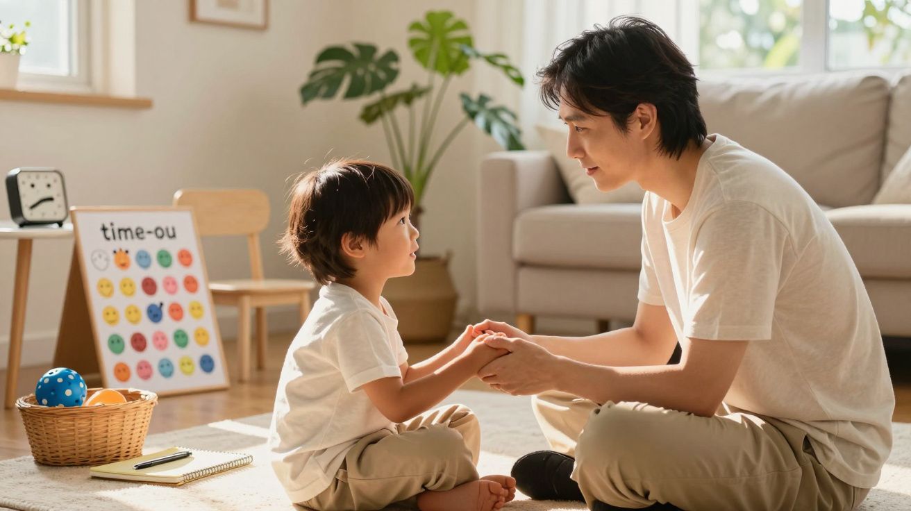 Pai e filho sentados no chão da sala, segurando as mãos e olhando-se nos olhos, ao lado de brinquedos e quadro de atividades.