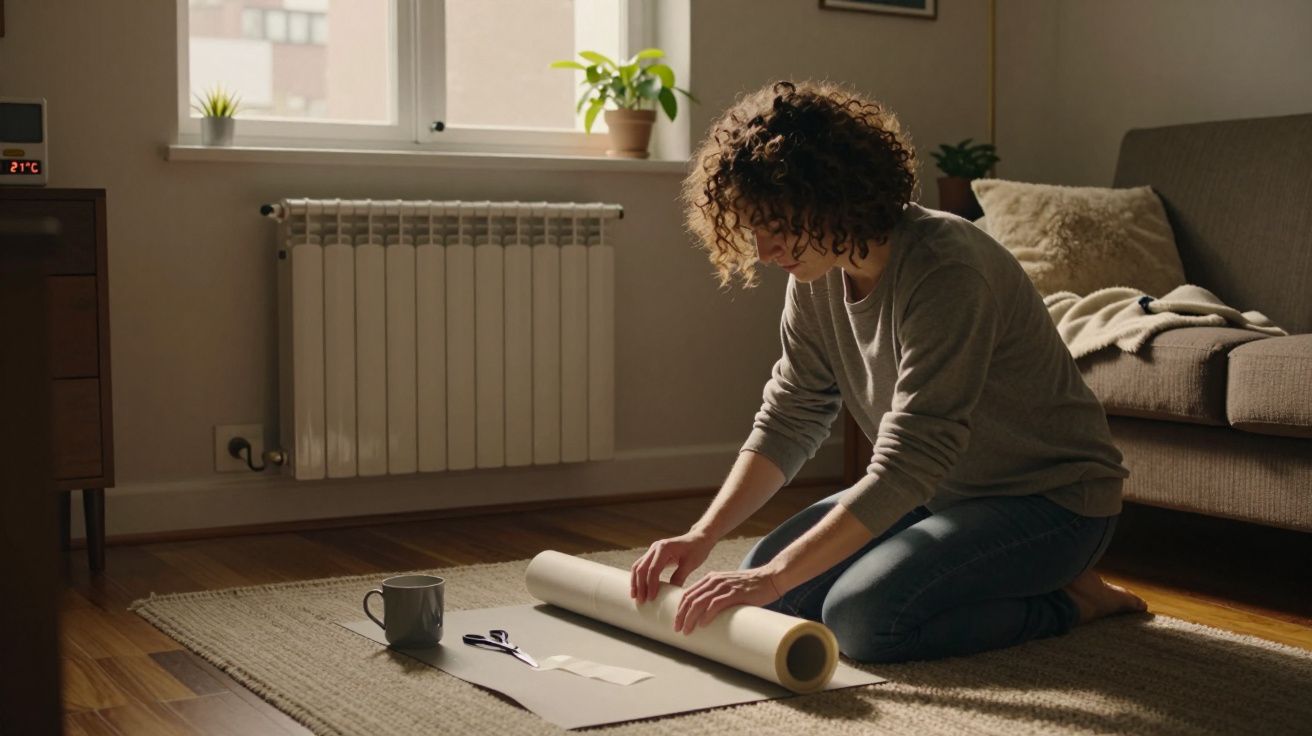 Mulher ajoelhada no chão a embrulhar presente em sala de estar, com caneca e planta na janela ao fundo.