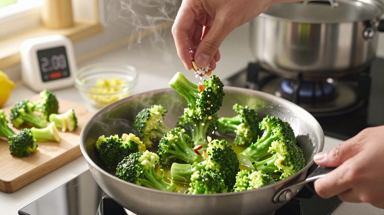 Pessoa tempera brócolos numa frigideira em lume aceso, com vapor a subir.