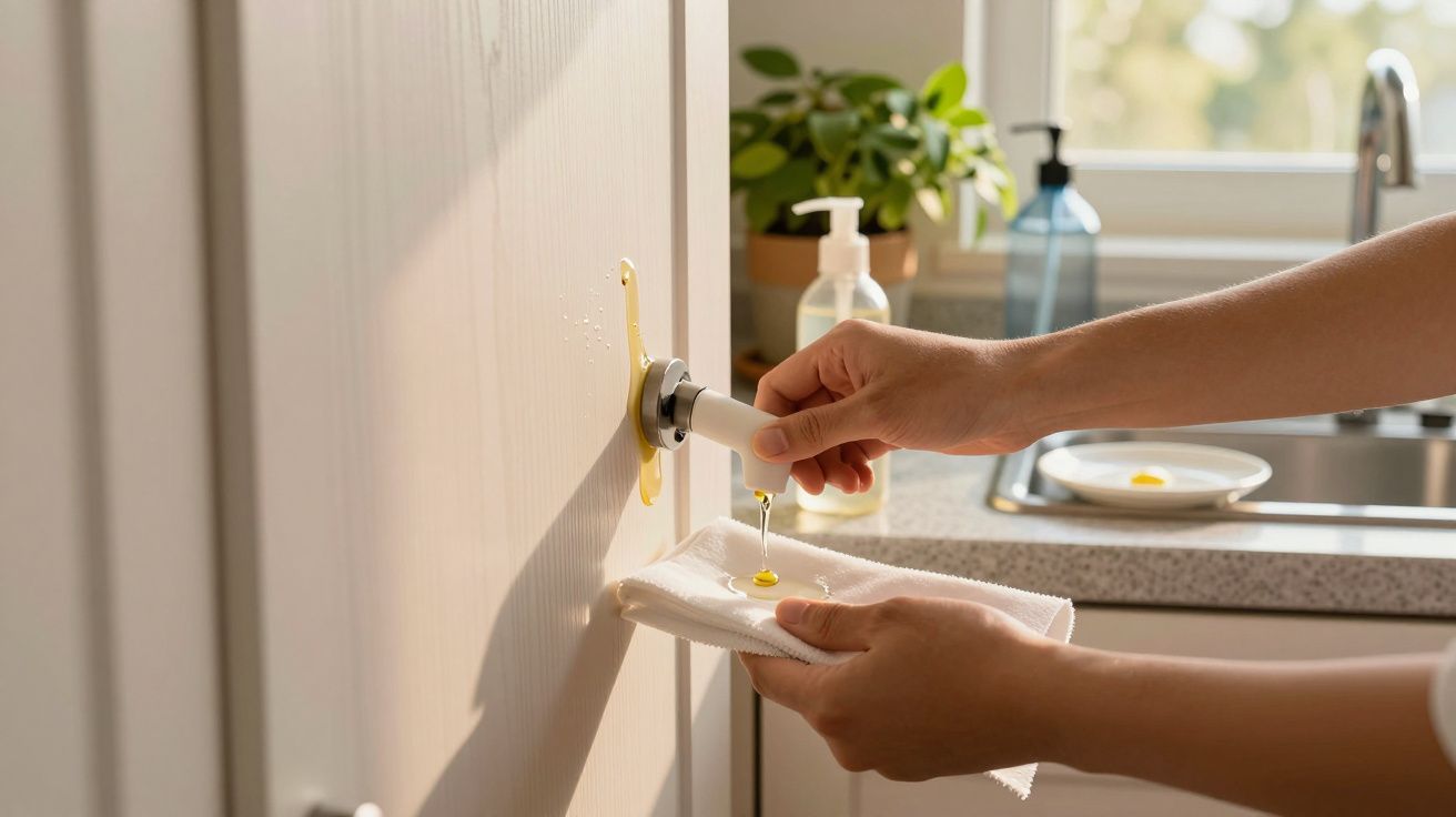 Pessoa a aplicar produto de limpeza num pano para limpar uma porta de armário na cozinha, com plantas no fundo.