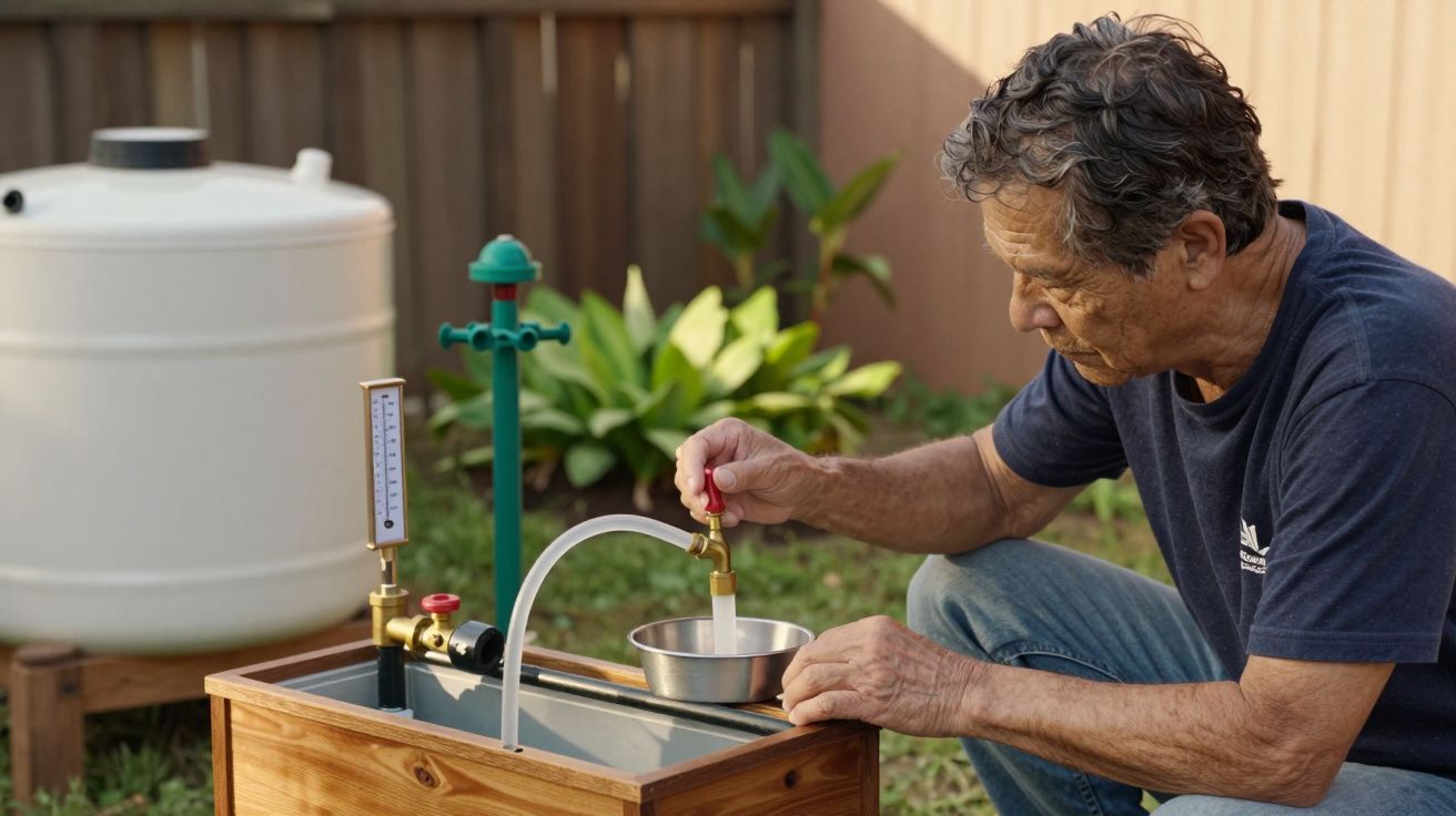 Homem ajusta torneira de água em sistema de captação no jardim. Tanque branco ao fundo.