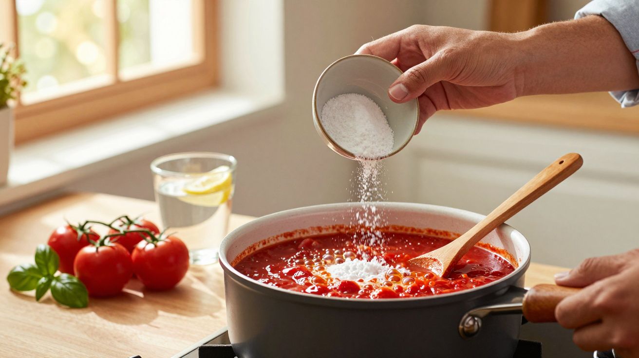 Pessoa adiciona sal a molho de tomate numa panela, com tomates e bebida ao lado.