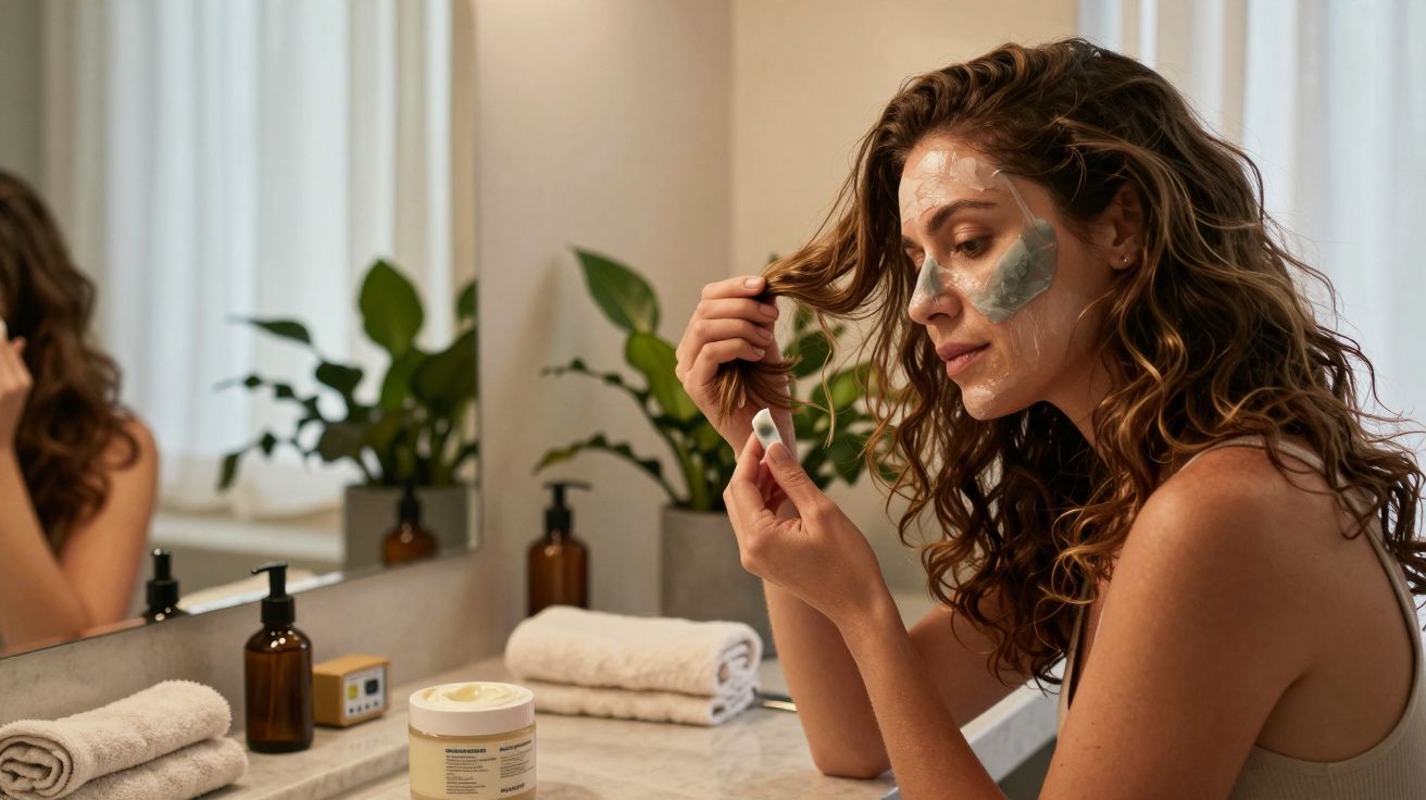 Mulher com máscara facial de argila, segurando o cabelo, num casa de banho bem iluminada com plantas e toalhas.