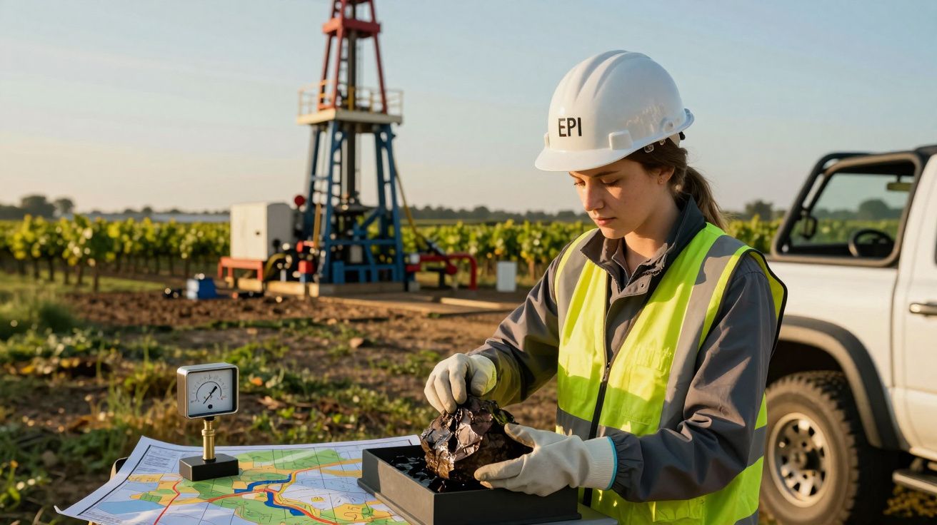 Mulher com capacete analisa amostra de solo em campo com torre de perfuração ao fundo e mapa sobre mesa.