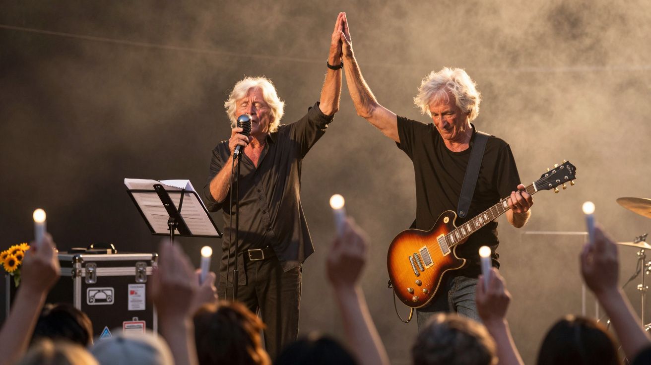 Dois músicos no palco, um canta e o outro toca guitarra, ergendo os braços juntos, com público a segurar tochas.