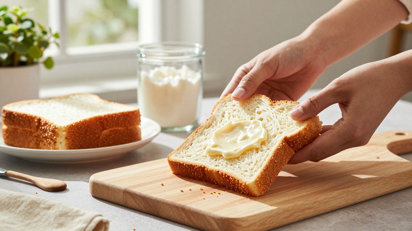 Mãos espalham manteiga num pedaço de pão fofo sobre uma tábua de madeira, com um prato e um frasco ao fundo.