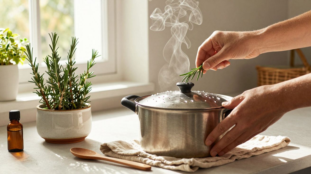 Mãos adicionam um ramo de alecrim a uma panela em cima do fogão com vapor, junto a uma planta e colher de madeira.