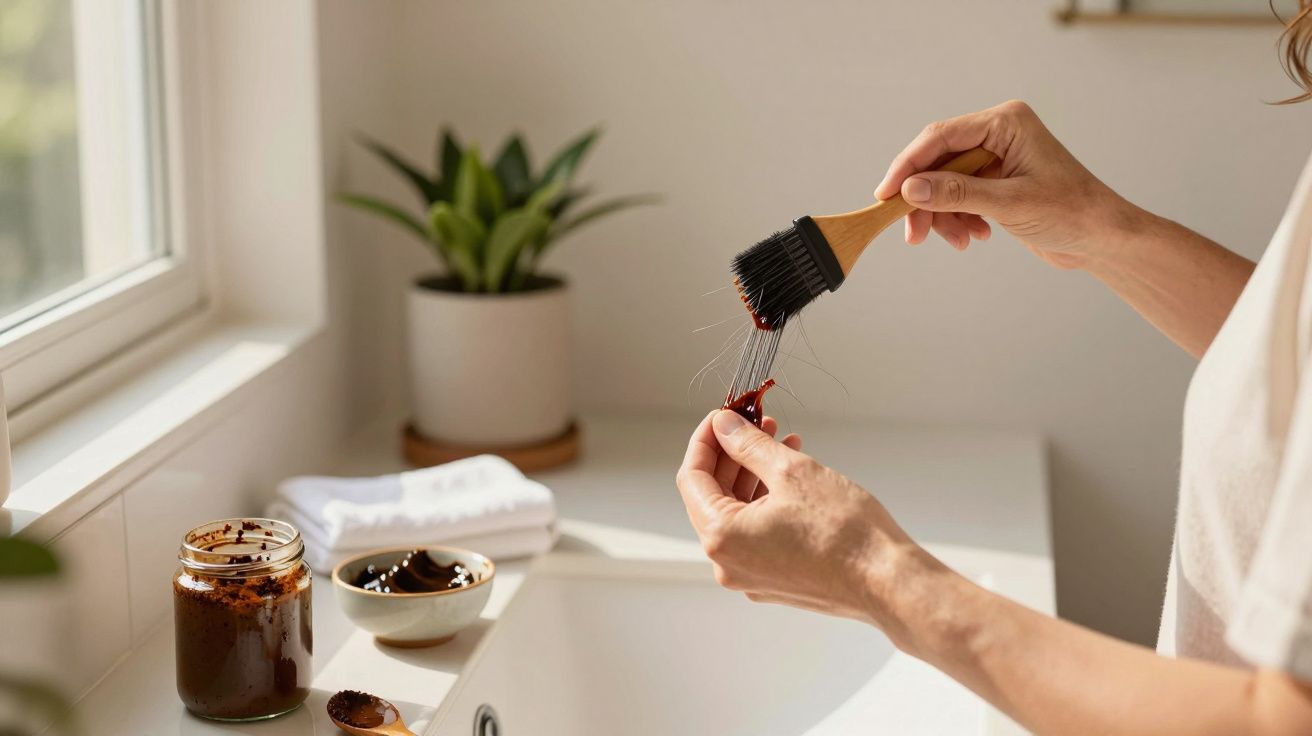 Mãos aplicam tinta de cabelo com pincel em lavabo, com planta e frascos ao fundo.
