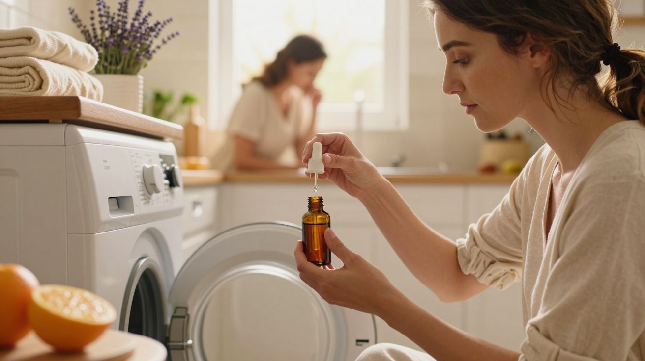 Mulher adiciona óleo essencial a máquina de lavar; secagem de roupas em ambiente claro e acolhedor.