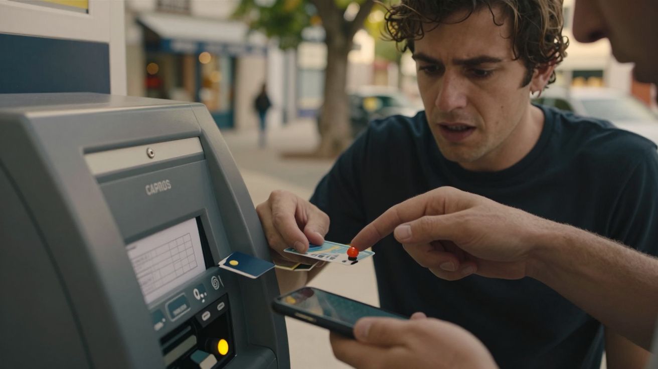 Homem preocupado no multibanco, outra pessoa aponta para o ecrã enquanto segura um telemóvel.