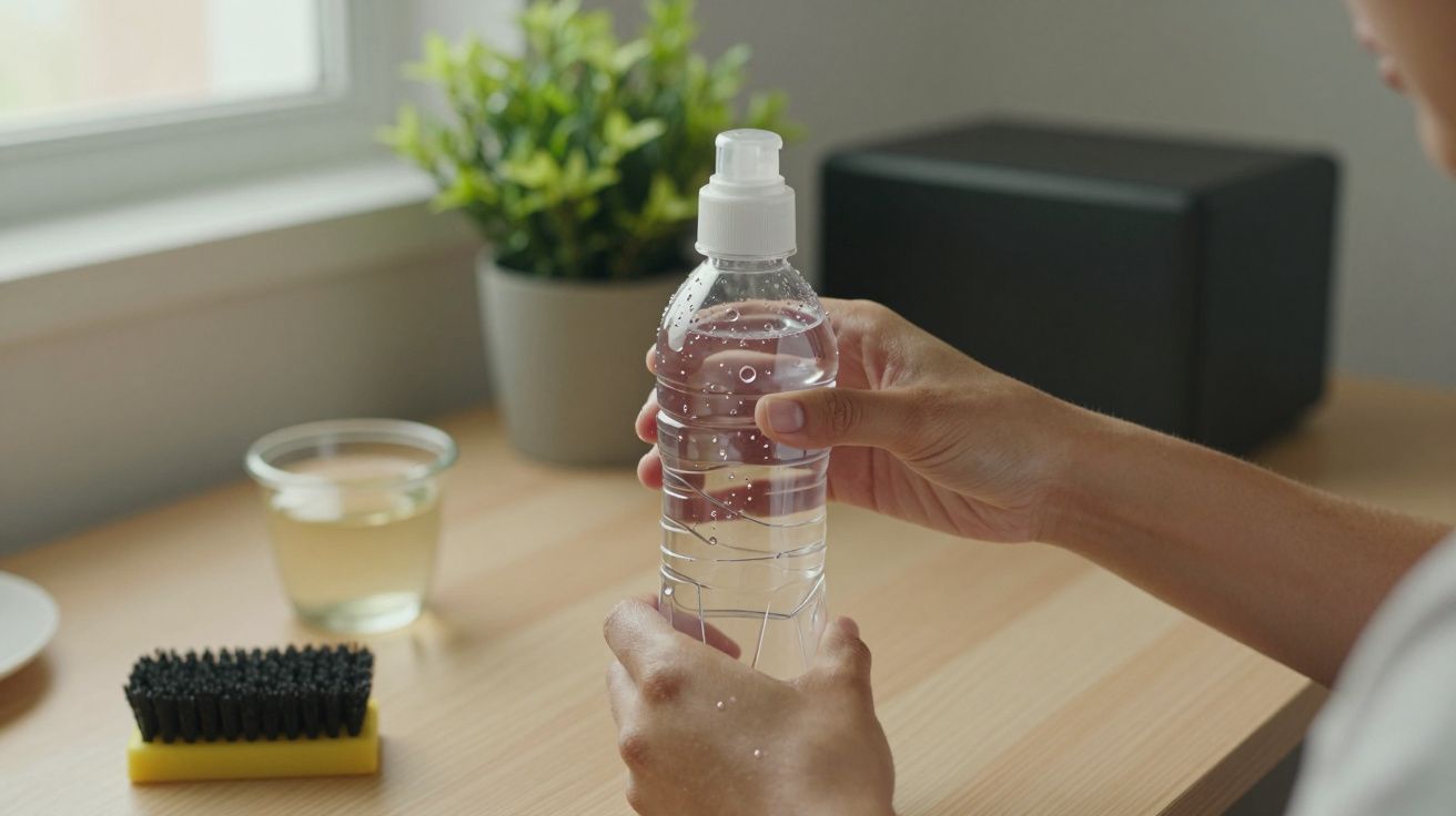 Pessoa segurando uma garrafa de spray com água em cima de uma mesa de madeira, ao lado de uma escova e planta.