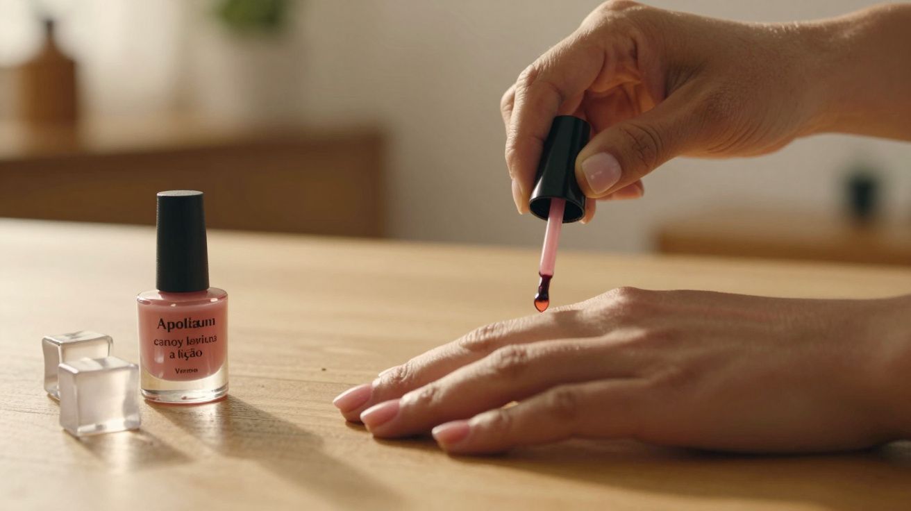 Mão feminina a aplicar verniz rosa nas unhas, frasco de verniz e tampas ao lado sobre a mesa de madeira.