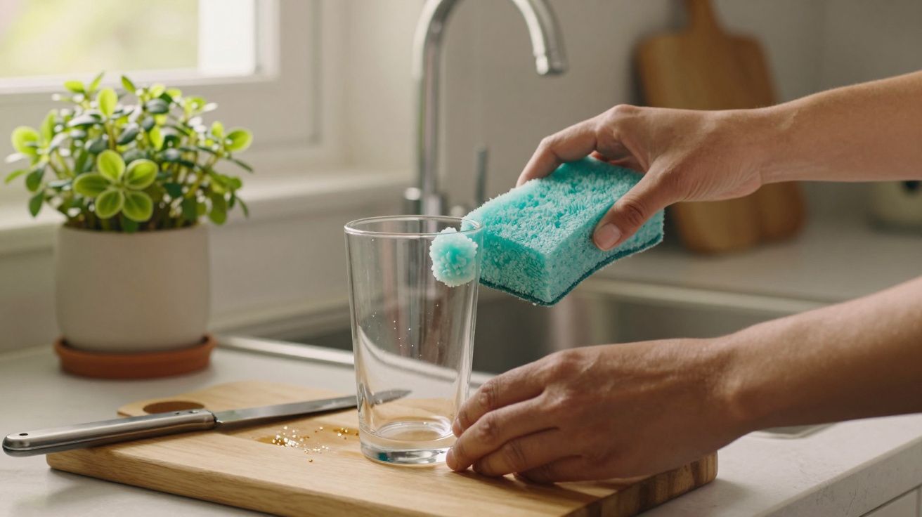 Mãos lavam copo com esponja azul em cozinha; planta e faca ao fundo.