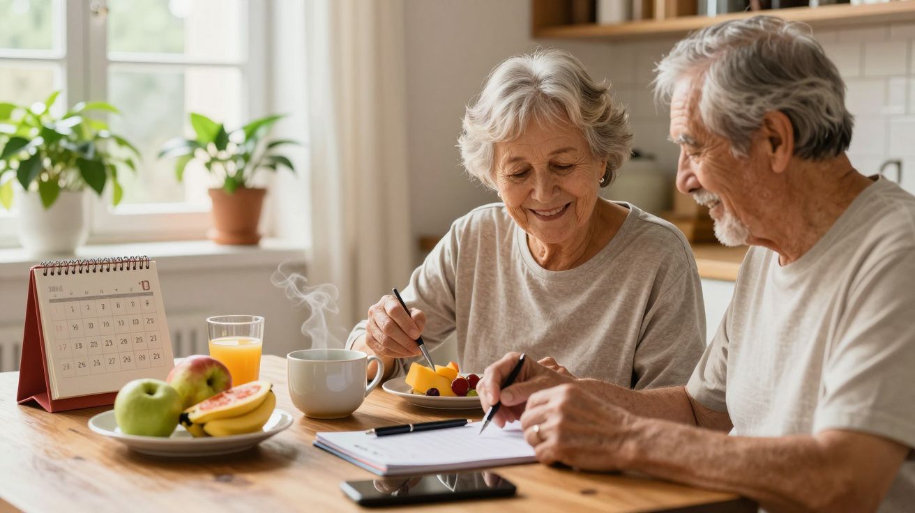 Casal idoso sentado à mesa, sorrindo, comendo fruta e olhando para um caderno, com calendário e sumo ao lado.