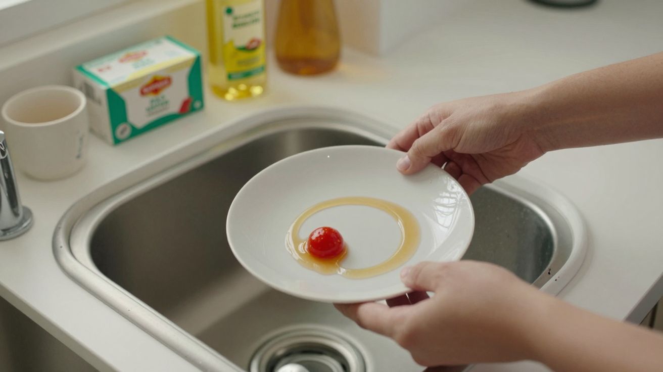 Mãos segurando prato branco com tomate cherry e azeite, sobre lava-loiça com produtos de limpeza ao fundo.