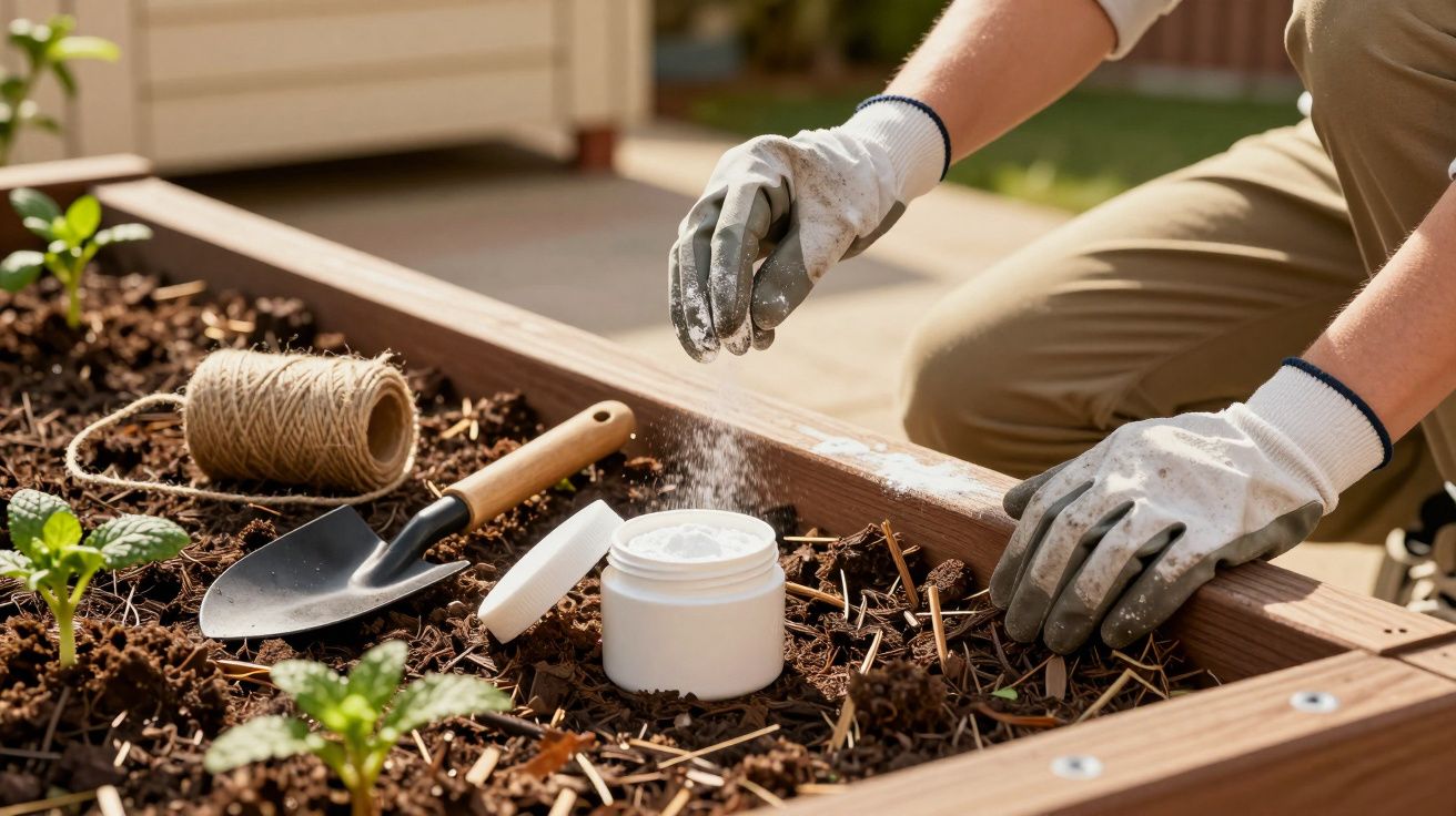 Pessoa de luvas a tratar de horta, aplicando pó branco. Ferramentas de jardinagem e fio visíveis.