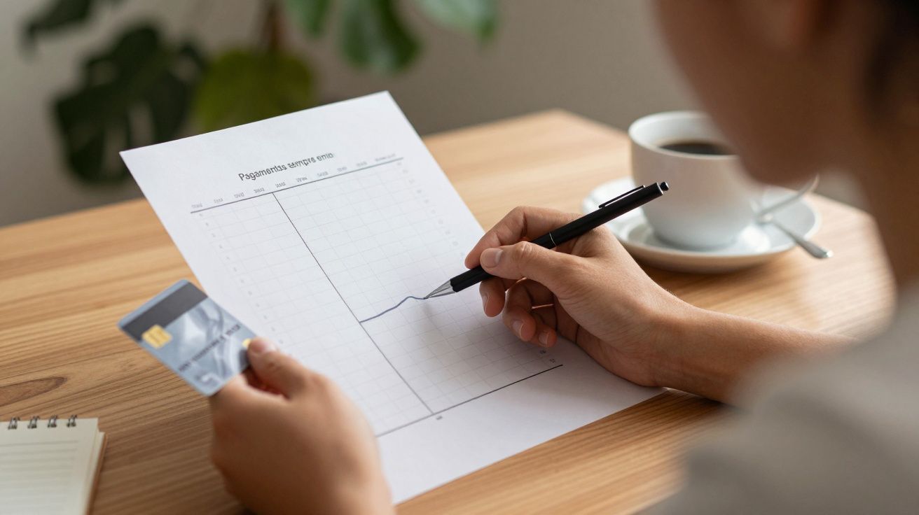 Pessoa analisa gráfico de pagamentos com um cartão de crédito e uma chávena de café ao lado.