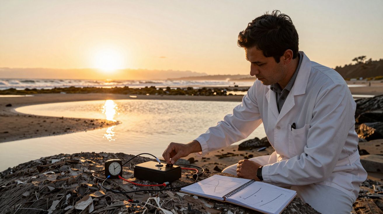 Cientista de bata branca a realizar medições junto à praia ao pôr do sol.