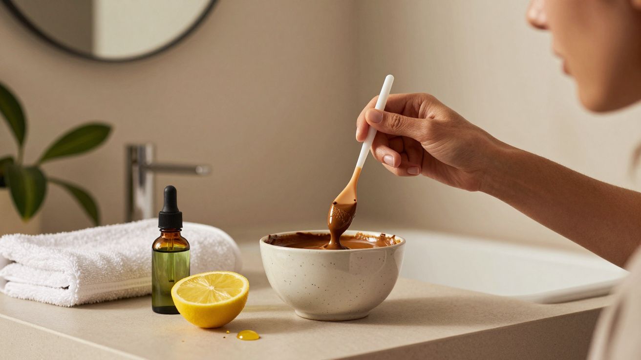Pessoa mexendo mistura numa tigela, com limão, toalha e frasco de óleo em cima do balcão da casa de banho.