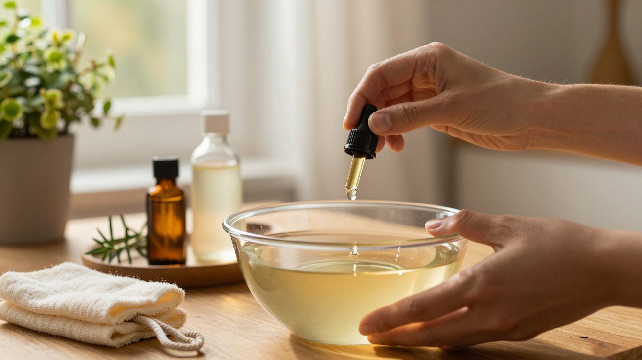 Mãos adicionam óleo essencial a uma tigela de água em mesa de madeira, com garrafas e toalha ao lado.